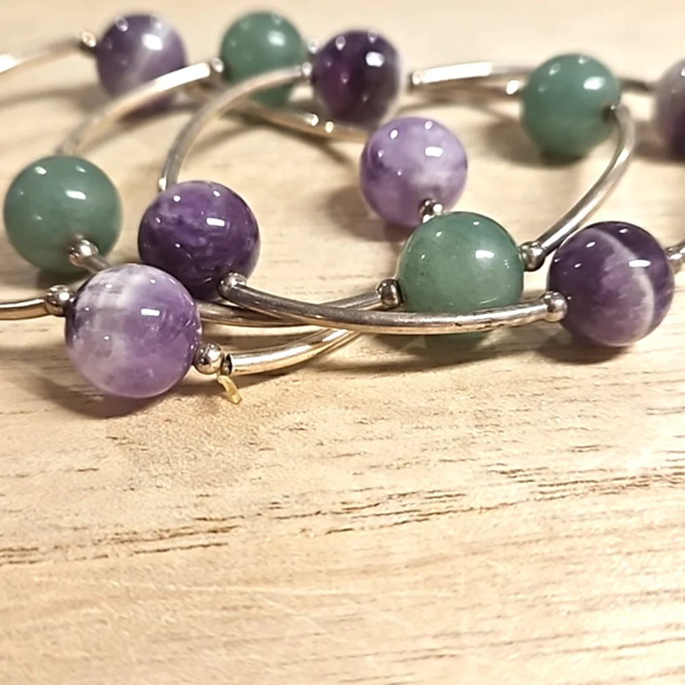 3 pc.stretchy silvertone glass faux gemstone bracelets green purple STACK 'EM! - Picture 1 of 4
